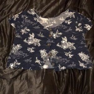 Navy blue Hawaiian patterned button up blouse